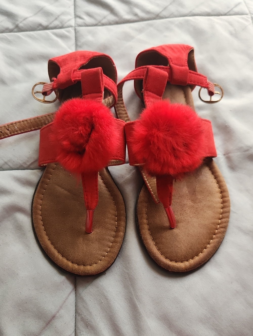 Women's Red Pom-Pom T-Strap Sandals